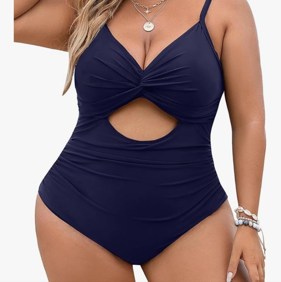 Dark Blue Tummy Control Swimsuit With Cut Out And Ruched Sides - Picture 2 of 7